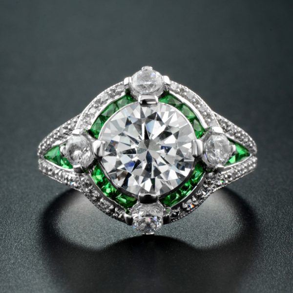 Laboratory grown diamond target ring with natural emerald and diamond in white gold