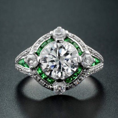 Laboratory grown diamond target ring with natural emerald and diamond in white gold