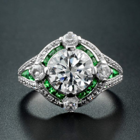 Laboratory grown diamond target ring with natural emerald and diamond in white gold