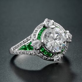 Laboratory grown diamond target ring with natural emerald and diamond in white gold