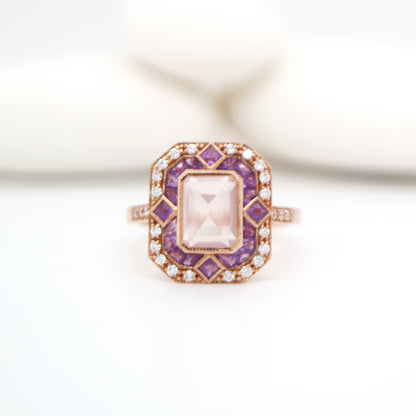 Art deco cocktail ring with rose quartz, amethyst and diamond in rose gold