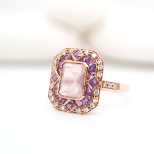Art deco cocktail ring with rose quartz, amethyst and diamond in rose gold