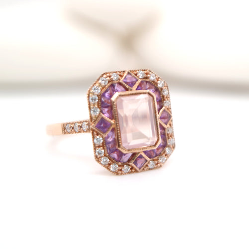 Art deco cocktail ring with rose quartz, amethyst and diamond in rose gold