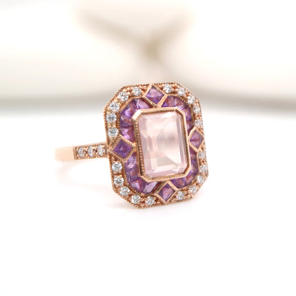 Art deco cocktail ring with rose quartz, amethyst and diamond in rose gold