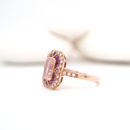 Art deco cocktail ring with rose quartz, amethyst and diamond in rose gold