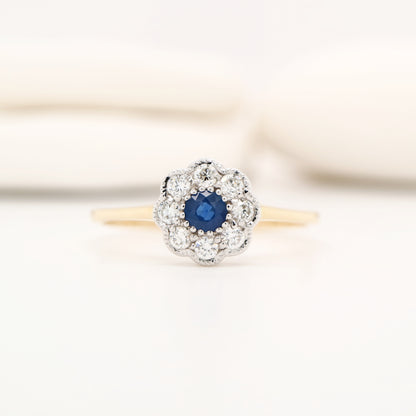 Dainty daisy ring with natural sapphire and diamond in 9k twin gold