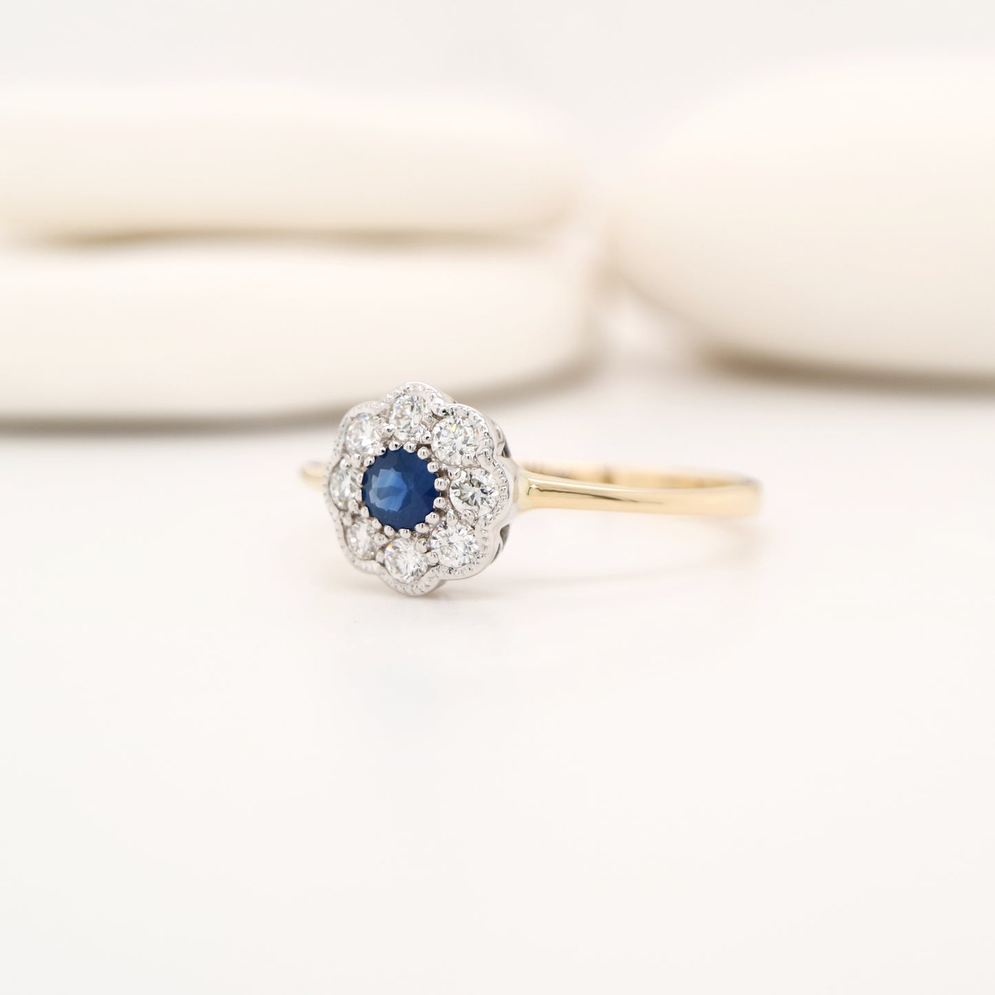 Dainty daisy ring with natural sapphire and diamond in 9k twin gold