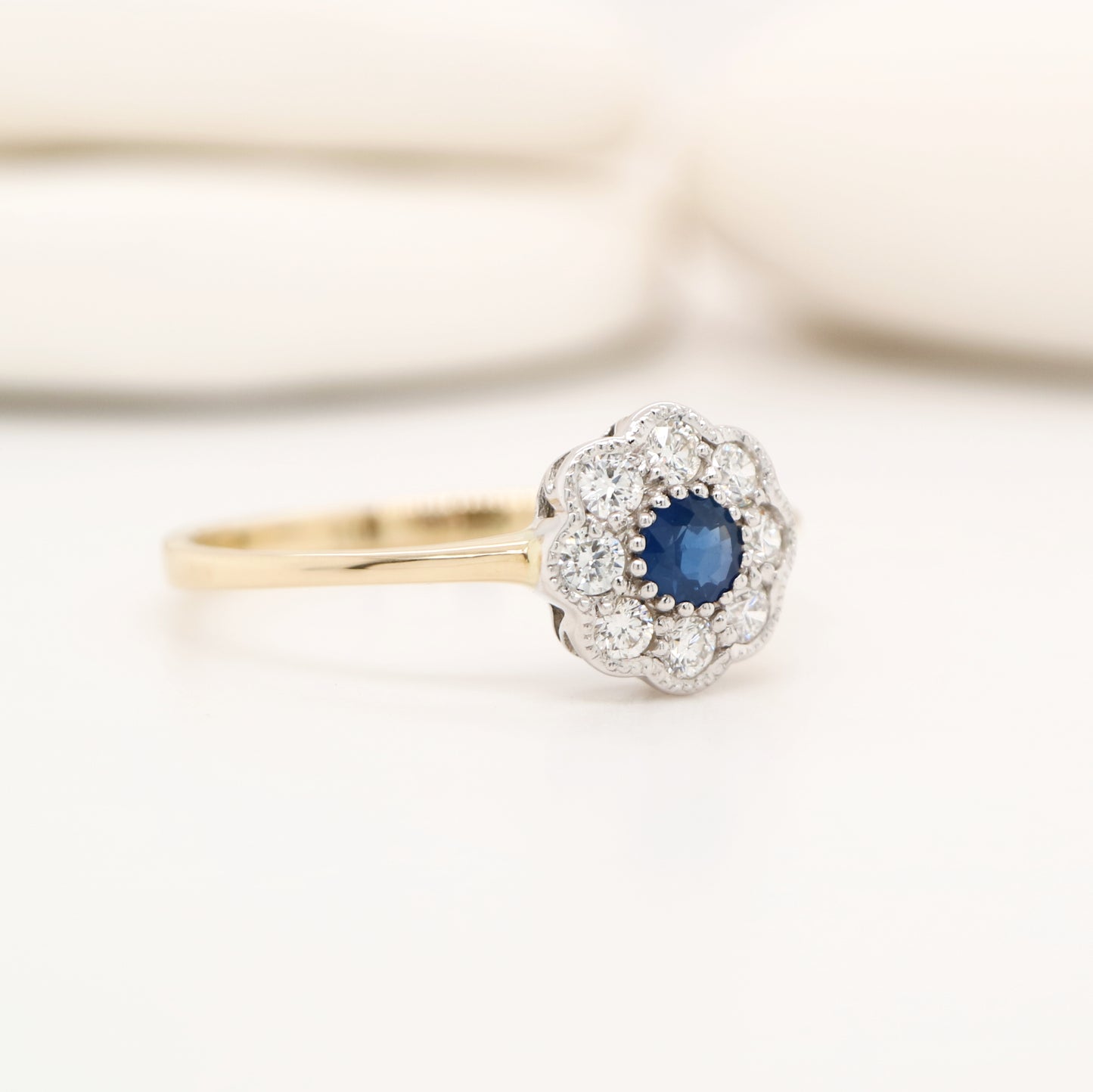 Dainty daisy ring with natural sapphire and diamond in 9k twin gold
