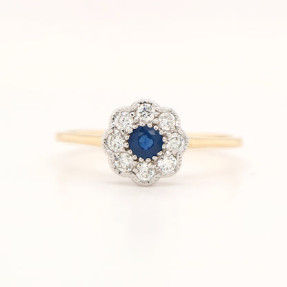 Dainty daisy ring with natural sapphire and diamond in 9k twin gold