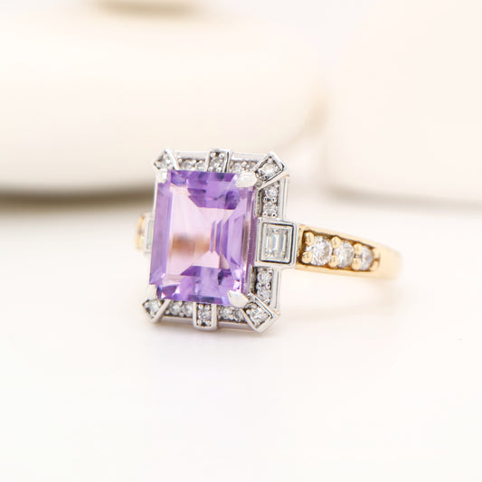 Bi-color gold cocktail ring with amethys and laboratory grown diamond