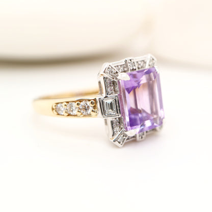 Bi-color gold cocktail ring with amethys and laboratory grown diamond