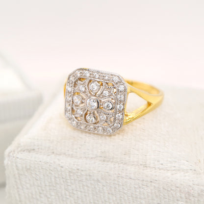 Vintage twin gold and natural diamond cluster ring with square face