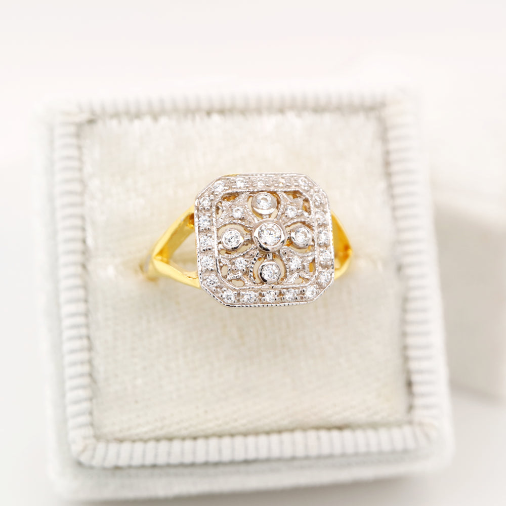 Vintage twin gold and natural diamond cluster ring with square face