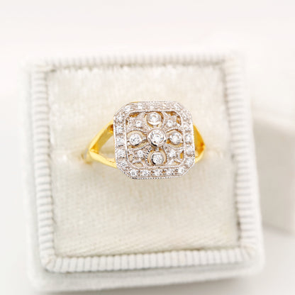 Vintage twin gold and natural diamond cluster ring with square face