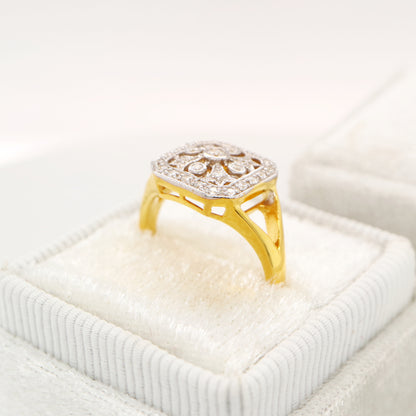 Vintage twin gold and natural diamond cluster ring with square face