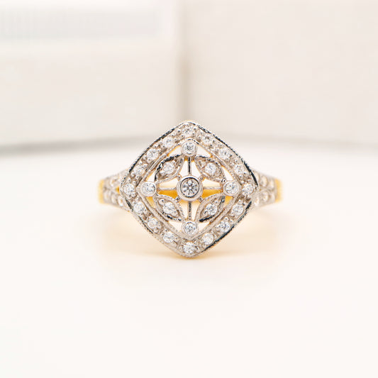Vintage art deco twin gold and natural diamond ring with engraved band