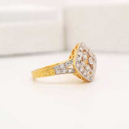 Vintage art deco twin gold and natural diamond ring with engraved band