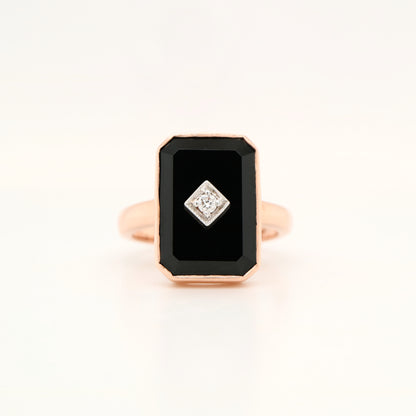 Art deco style ring in solid rose gold, onyx and natural diamond (larger face version)
