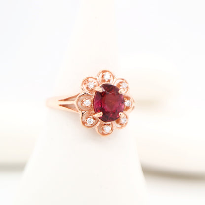 Floral diamond ring with tourmaline center in rose gold, Size P