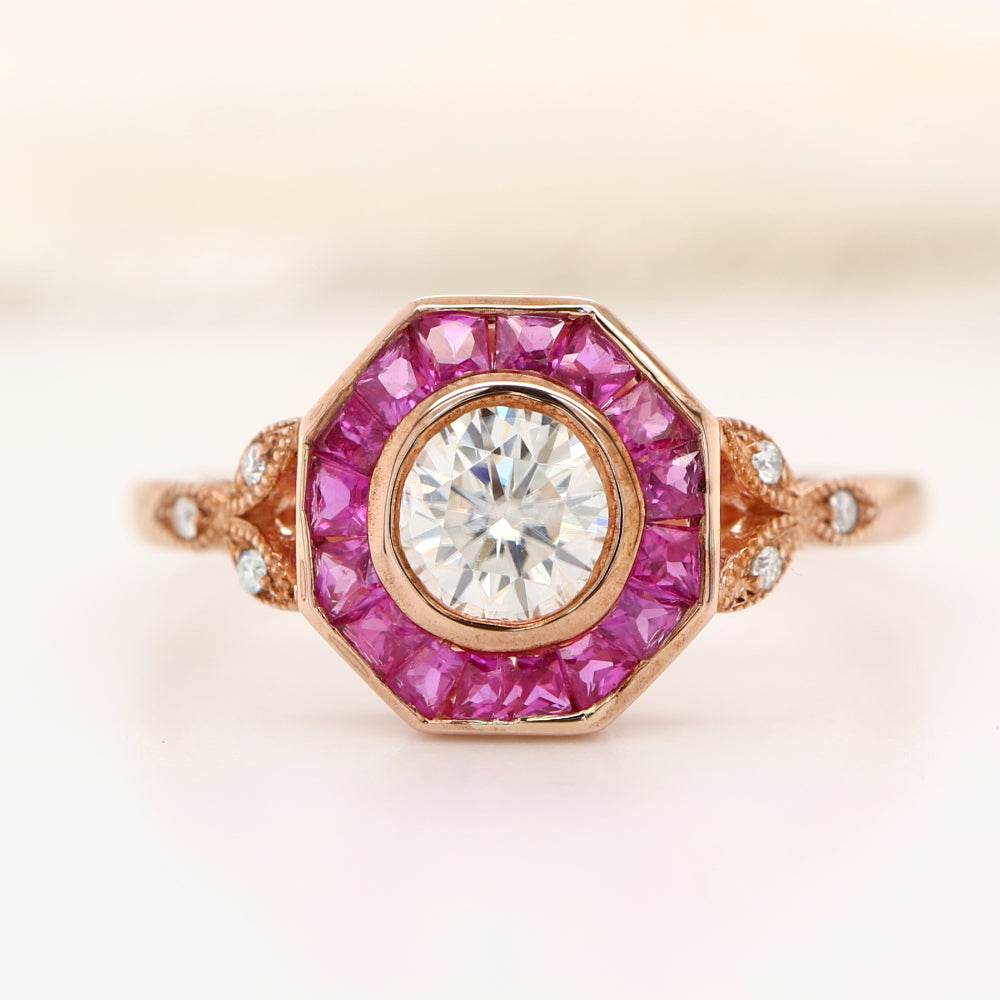 Target ring with moissanite and channel set natural ruby in rose gold
