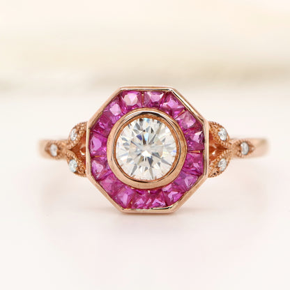 Target ring with moissanite and channel set natural ruby in rose gold