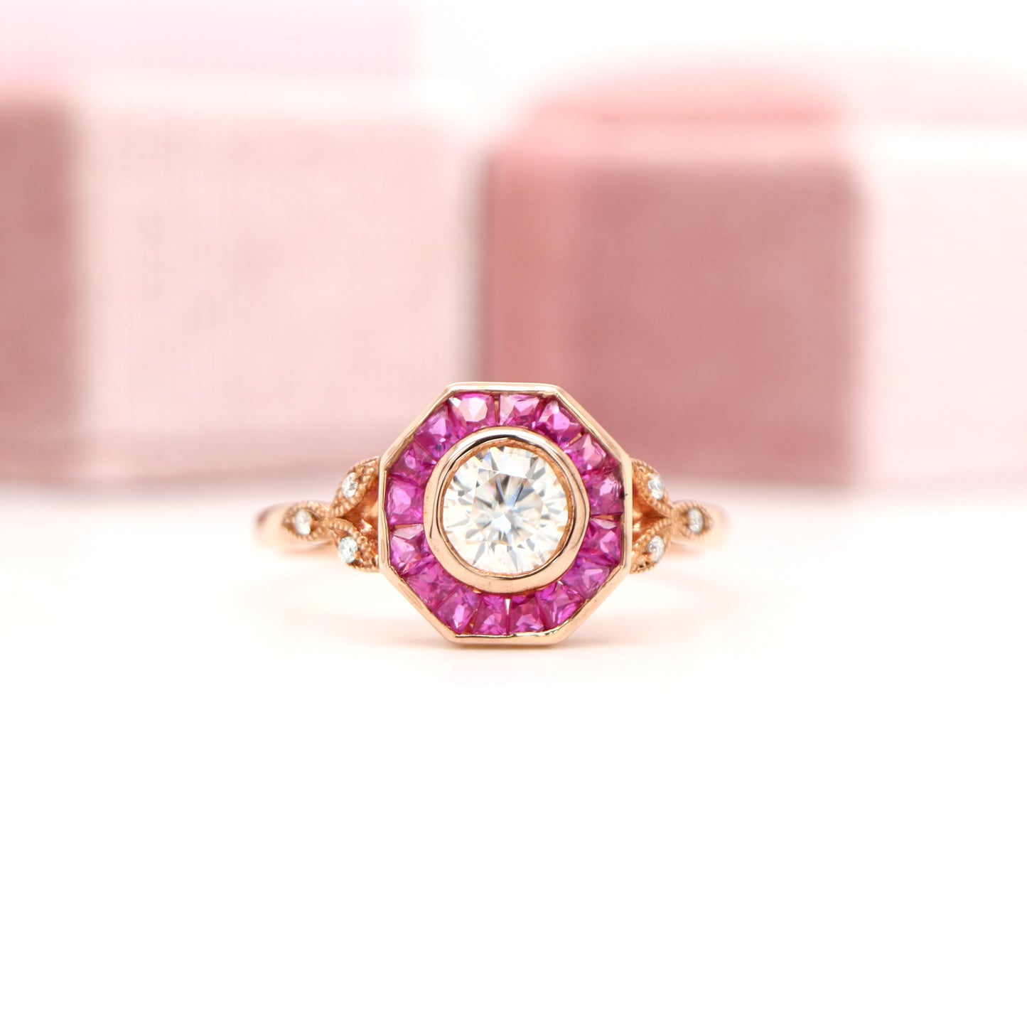 Target ring with moissanite and channel set natural ruby in rose gold