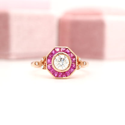 Target ring with moissanite and channel set natural ruby in rose gold