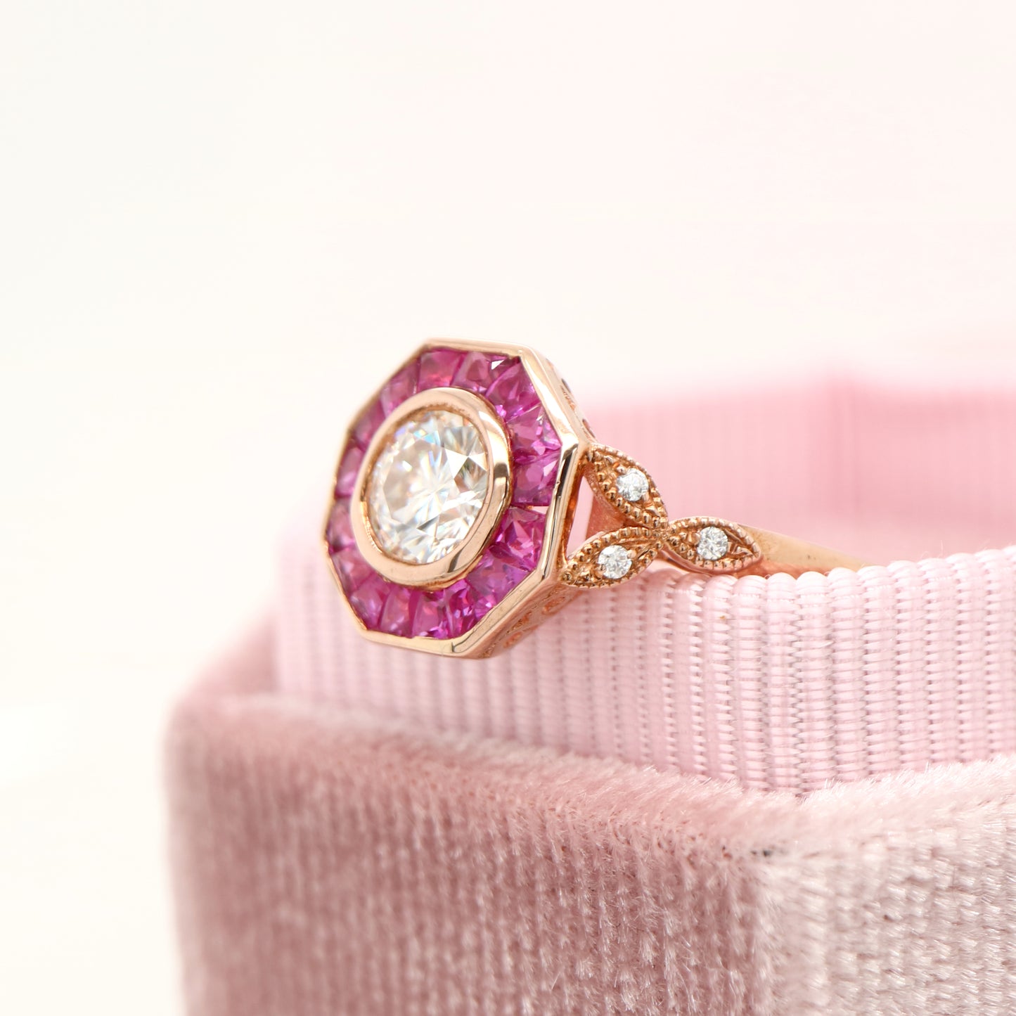 Target ring with moissanite and channel set natural ruby in rose gold