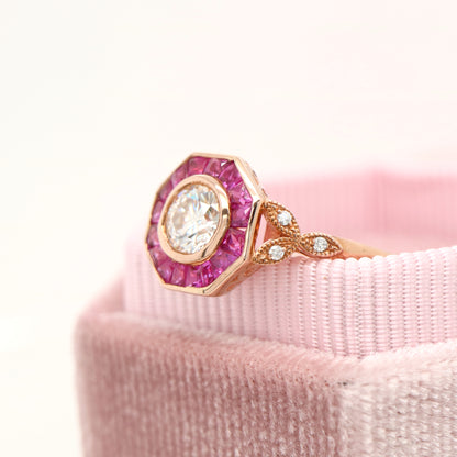 Target ring with moissanite and channel set natural ruby in rose gold