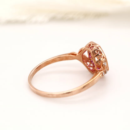 Target ring with moissanite and channel set natural ruby in rose gold