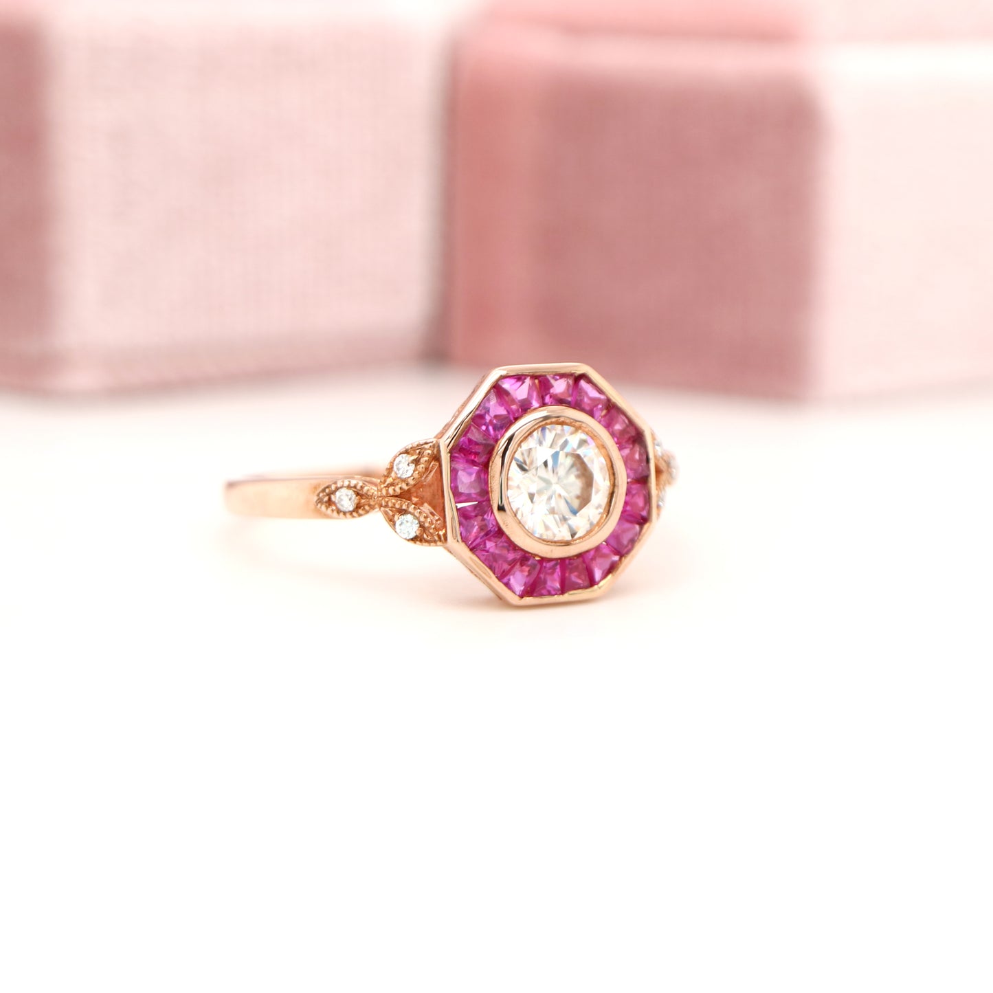 Target ring with moissanite and channel set natural ruby in rose gold