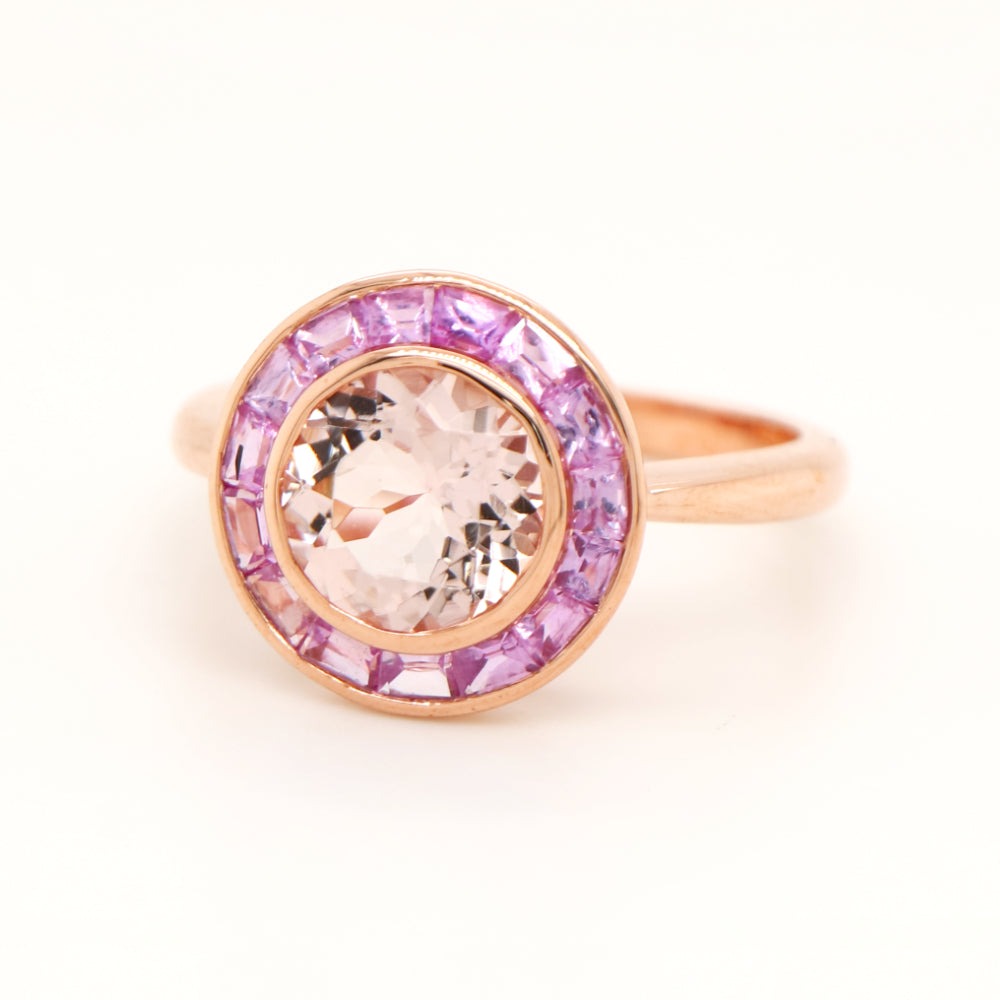 Morganite with pink sapphire halo ring in rose gold