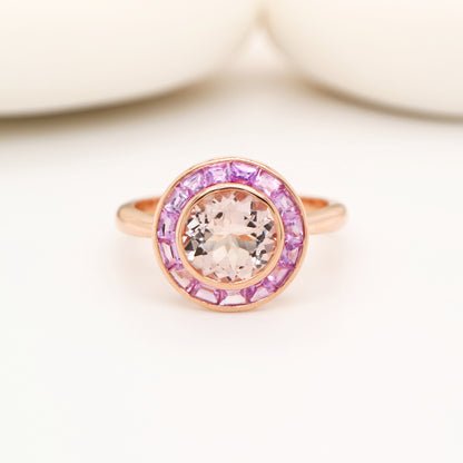 Morganite with pink sapphire halo ring in rose gold