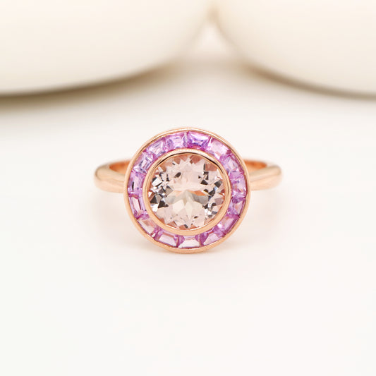 Morganite with pink sapphire halo ring in rose gold