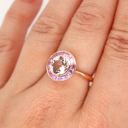 Morganite with pink sapphire halo ring in rose gold