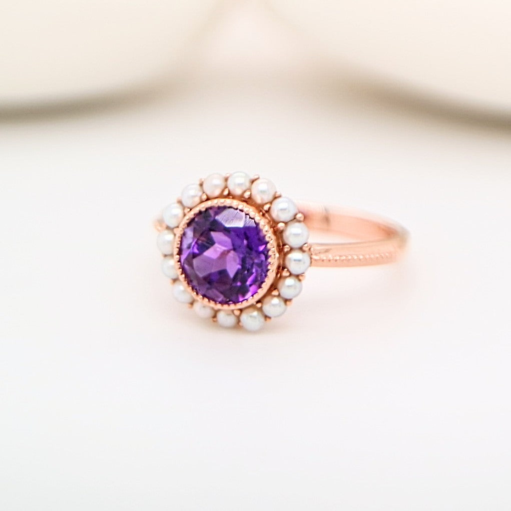 Colonial amethyst filigree ring with pearl halo in rose gold