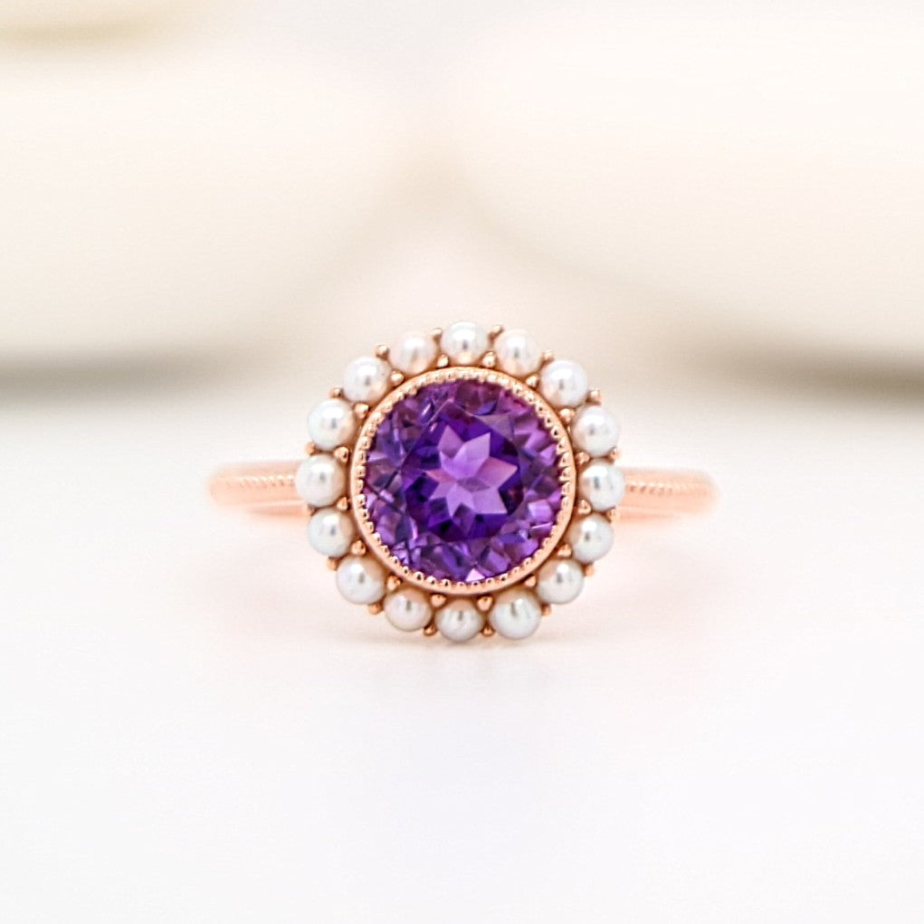 Colonial amethyst filigree ring with pearl halo in rose gold