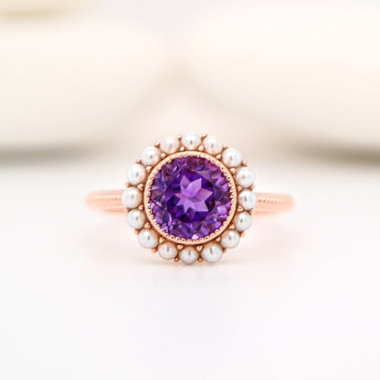 Colonial amethyst filigree ring with pearl halo in rose gold
