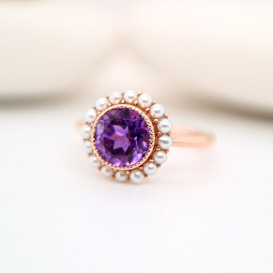 Colonial amethyst filigree ring with pearl halo in rose gold