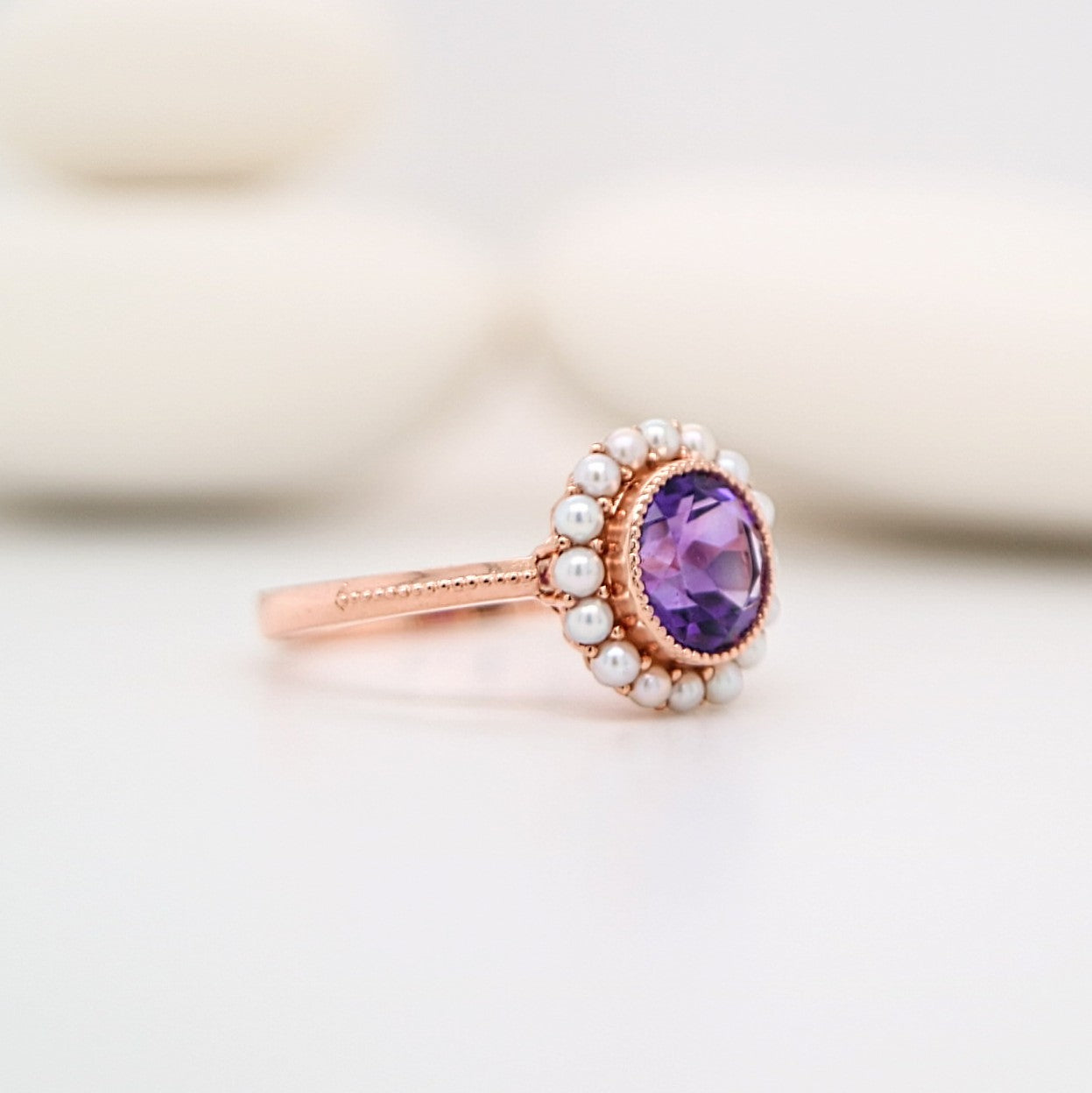 Colonial amethyst filigree ring with pearl halo in rose gold