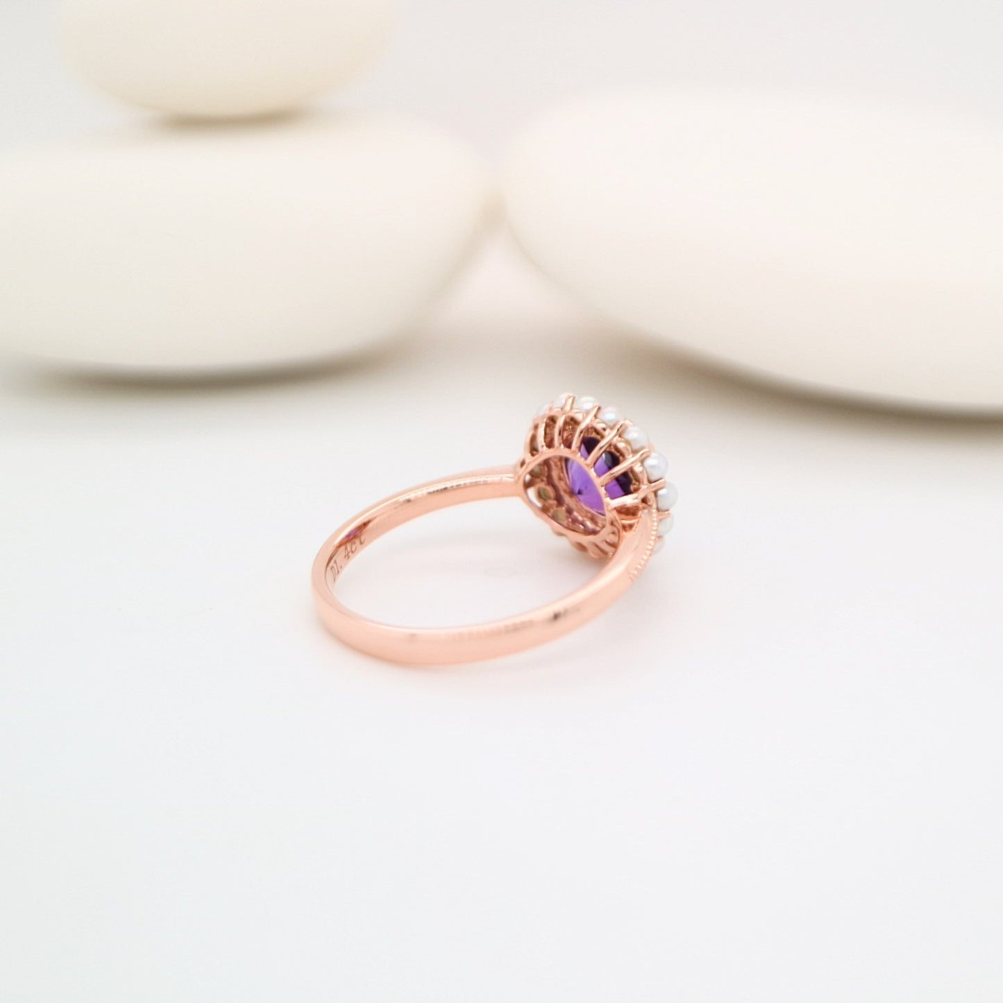 Colonial amethyst filigree ring with pearl halo in rose gold