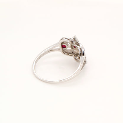 White gold fleur-de-lis ring with ruby and seed pearl