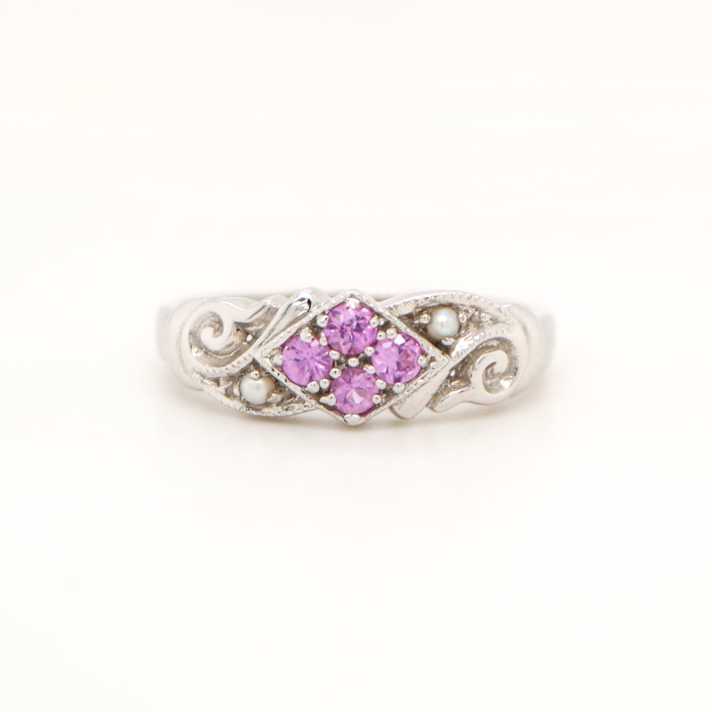 Gold, pink sapphire and pearl cluster ring