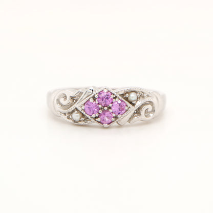 Gold, pink sapphire and pearl cluster ring