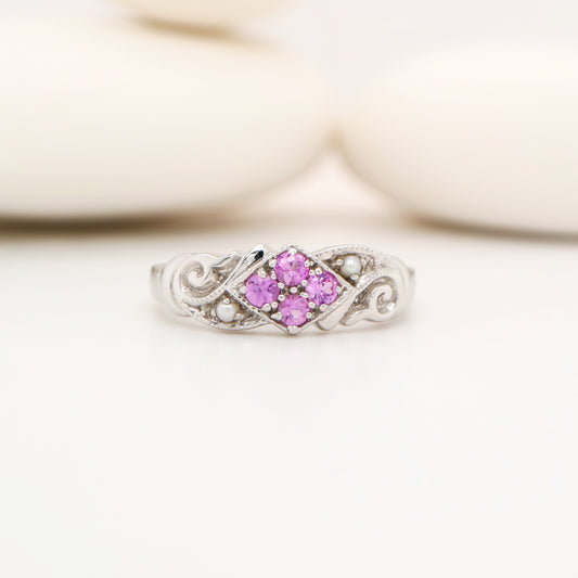 Gold, pink sapphire and pearl cluster ring