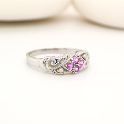 Gold, pink sapphire and pearl cluster ring
