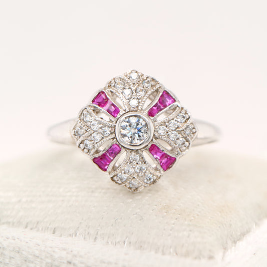 Art deco cross ring in white gold with ruby and diamond