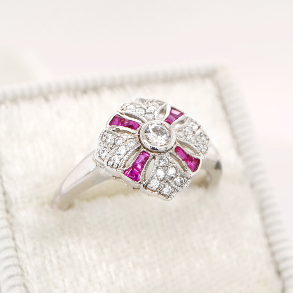 Art deco cross ring in white gold with ruby and diamond