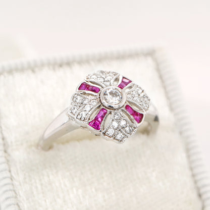 Art deco cross ring in white gold with ruby and diamond