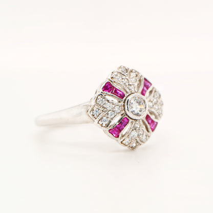 Art deco cross ring in white gold with ruby and diamond